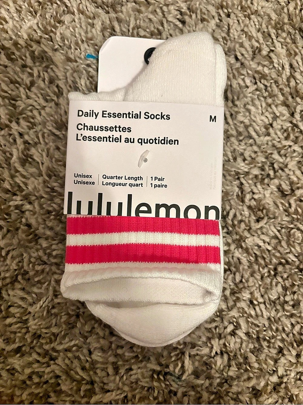 lululemon Daily Essential Socks Striped Socks in White & Pink Size Medium NWT
